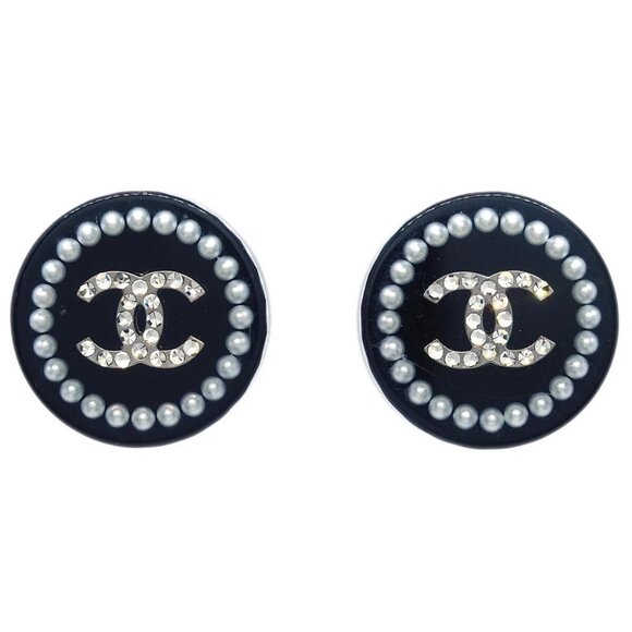 Chanel Button Piercing Earrings Black Rhinestone Artificial Pearl 14C 195000 - Picture 1 of 4